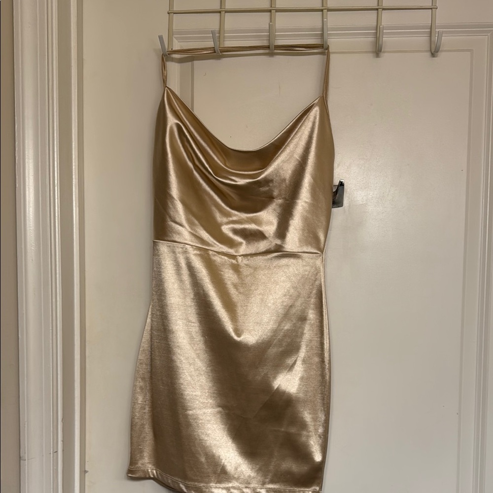 Fashion Nova Gold Sheath Mini Dress Sleeveless Cowl Neck